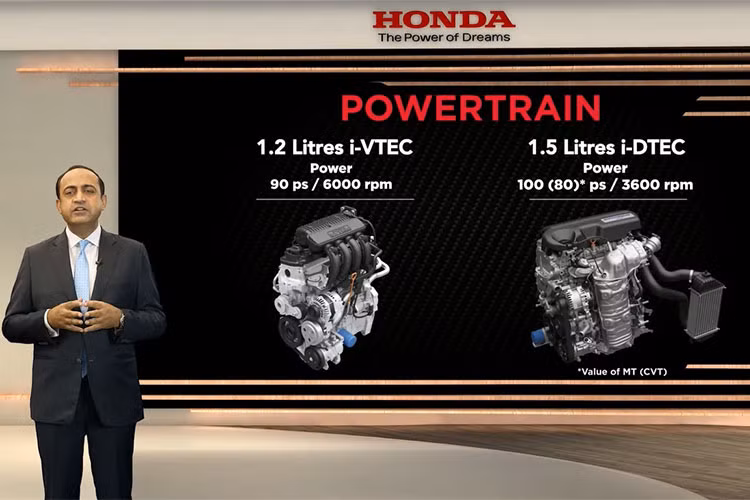 Honda Amaze 2021 có 2 tùy chọn động cơ là máy xăng 1.2L 4 xi-lanh cho công suất 89 mã lực / mô-men xoắn 110 Nm tương tự bản cũ, và động cơ dầu diesel 1.5L 4 xi-lanh cho 98 mã lực / 200 Nm. Cả 2 đều kết hợp với hộp số sàn 5 cấp. Nếu dùng hộp số CVT thì bản dầu diesel sẽ cho ra 79 mã lực và 160 Nm. 