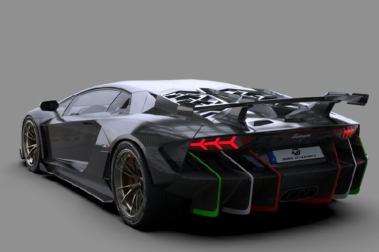 So với xe Lamborghini Aventador LP700-4 tiêu chuẩn, gói độ Duke Dynamics mang đến ngoại hình mới mẻ cho siêu bò này với nắp capô hiếu chiến mới với điểm nhấn hai khe hốc gió lớn, ngoài ra, cản va trước cũng như hốc gió được sửa đổi thiết kế lại. Bên hông xe, các vòm bánh xe được mở rộng tăng kích thước chiều ngang cho xe và toàn bộ đuôi xe được thay thế hoàn toàn theo sản phẩm của Duke Dynamics. 