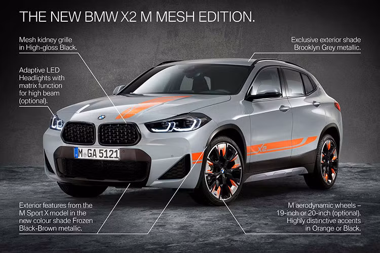 Đáng chú ý, tất cả các tùy chọn động cơ trên BMW X2 M Mesh Edition đều đáp ứng được tiêu chuẩn khí thải Euro 6d. Phiên bản plug-in hybrid có tên gọi X2 xDrive25e, sản sinh tổng công suất 217 mã lực và momen xoắn cực đại 385 Nm, với khả năng tăng tốc 0 - 100 km/h trong 6.8 giây. Với chế độ vận hành hoàn toàn bằng điện, X2 xDrive25e cung cấp phạm vi di chuyển tối đa lên đến 56 km.
