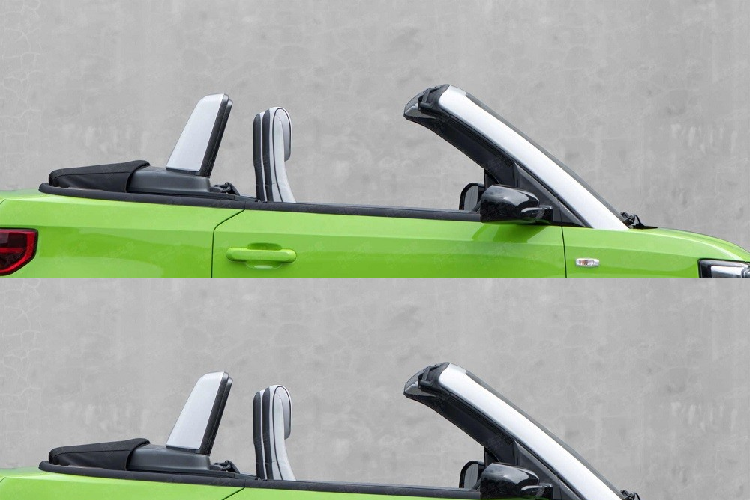 Trên đầu xe, Wuling Hongguang Mini EV Convertible cũng được trang bị cụm đèn pha vuông vắn, nối với nhau bằng nẹp màu đen ở giữa. Tuy nhiên, tạo hình bên trong đèn pha của xe lại không giống Wuling Hongguang Mini EV mui cứng. Tuy nhiên, Wuling Hongguang Mini EV Convertible lại được trang bị nẹp màu trắng mới trên cản trước, tích hợp đèn sương mù. Tương tự như vậy, bộ vành bên sườn của xe cũng có thiết kế không giống Wuling Hongguang Mini EV.