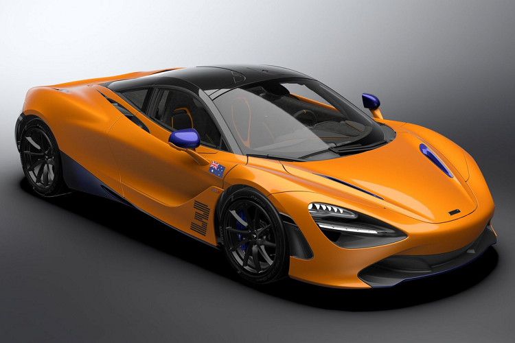 McLaren 720S bản đặc biệt cho thị trường Australia sở hữu ngoại thất tương tự chiếc MCL35M 2021 của Ricciardo, gồm 2 tông màu chính là cam Papaya Spark Orange và xanh Burton Blue.