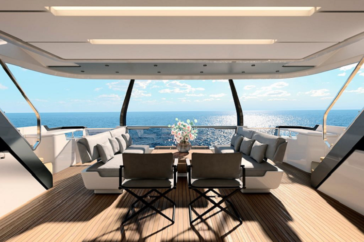 Ferritti 1000 nổi bật với phần kính bên ngoài, cho phép ánh sáng lọt vào tất cả boong, trong khi đó gỗ tếch cũng được sử dụng cho ngoại thất trên các đường cong của các cửa, lối đi, cầu thang dẫn đến lái nóc và trạm lái ngoài. Chiếc Ferritti 1000 sử dụng sợi carbon không chỉ vì tính thẩm mỹ mà còn nhằm giảm trọng lượng. Toàn bộ cấu trúc thượng tầng, bao gồm cả phần mui cứng đều được làm từ vật liệu nhẹ, có nhiều cầu thang bên ngoài cho phép di chuyển nhanh chóng giữa các tầng.