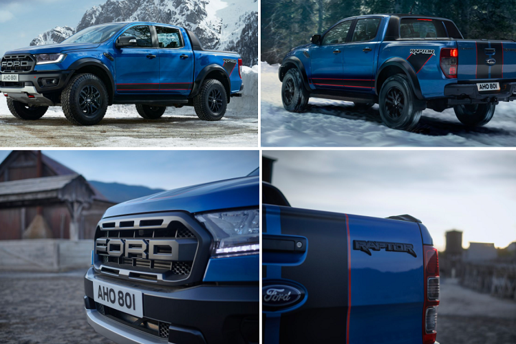 Điểm nổi bật nhất của Ford Ranger Raptor bản đặc biệt Special Edition 2021 là các vạch trang trí màu đen lì viền đỏ xuất hiện trên nhiều vị trí như nắp ca-pô, nóc, thân xe hay cửa thùng.