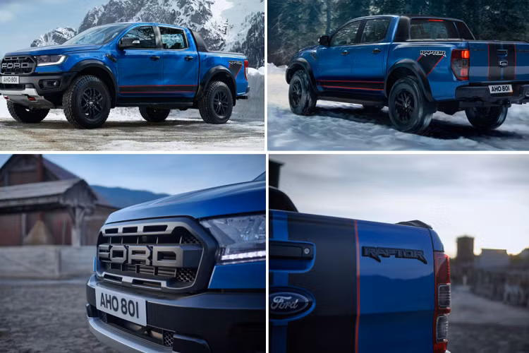 Điểm nổi bật nhất của Ford Ranger Raptor bản đặc biệt Special Edition 2021 là các vạch trang trí màu đen lì viền đỏ xuất hiện trên nhiều vị trí như nắp ca-pô, nóc, thân xe hay cửa thùng.