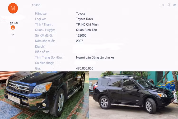 Theo thông tin chào bán, giá xe Toyota RAV4 2007 này đang được “thách cưới” 470 triệu đồng (có thể thương lượng). Xe đã lăn bánh được khoảng 130.000 miles (khoảng 200.000km), tình trạng ổn định. Xe mới được vô “dàn chân” vỏ mới và vẫn còn bánh dự phòng theo xe 2007.