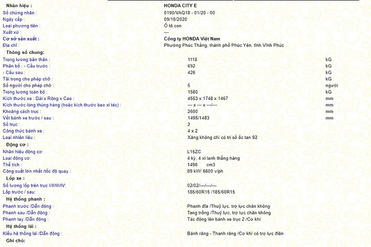Mới đây, trên trang web của Cục Đăng kiểm Việt Nam bất ngờ xuất hiện thông tin đăng ký một phiên bản lạ của Honda City 2021 mới với ký hiệu “E”. Dựa vào cách đặt tên các phiên bản của Honda Việt Nam cùng thông tin trước đó về việc City mới có thể sẽ có cả phiên bản giá rẻ, có thể hiểu rằng Honda City E 2021 sẽ là bản thấp hơn cả bản tiêu chuẩn G có giá 529 triệu đồng.