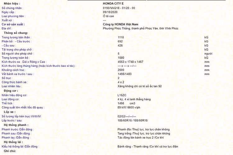 Mới đây, trên trang web của Cục Đăng kiểm Việt Nam bất ngờ xuất hiện thông tin đăng ký một phiên bản lạ của Honda City 2021 mới với ký hiệu “E”. Dựa vào cách đặt tên các phiên bản của Honda Việt Nam cùng thông tin trước đó về việc City mới có thể sẽ có cả phiên bản giá rẻ, có thể hiểu rằng Honda City E 2021 sẽ là bản thấp hơn cả bản tiêu chuẩn G có giá 529 triệu đồng.