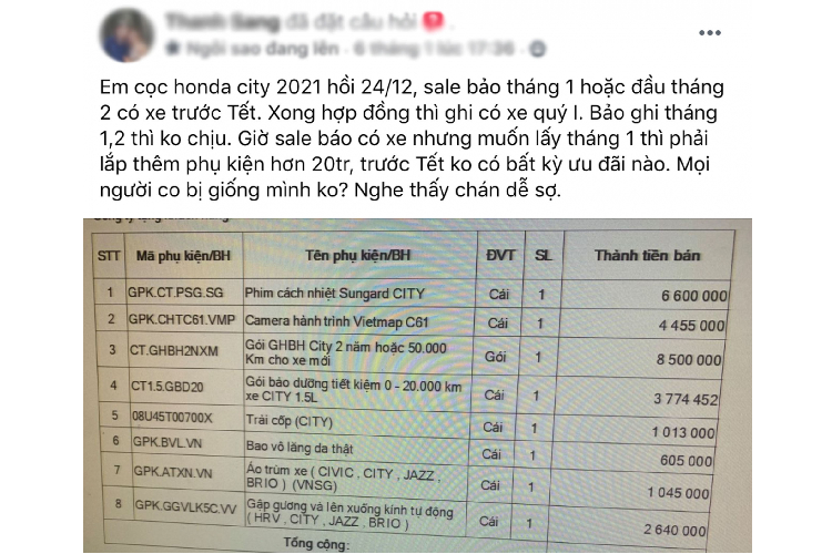 Để nhận xe sớm trong tháng 1 này, khách hàng này được sales gợi ý phải mua thêm phụ kiện đồ chơi trị giá gần 30 triệu đồng, ngoài ra đại lý cũng không hề có bất kỳ ưu đãi nào dành cho khách mua xe. Có thể nói, đây là một thiệt thòi cho vị khách mua xe này, vì tìm hiểu, khách hàng lấy xe Honda City 2021 trong thời điểm tháng 1/2021 này còn nhận được khuyến mãi phụ kiện khoảng 15 triệu đồng hay ưu đãi tiền mặt khoảng 10 triệu đồng, chính sách ưu đãi này tùy thuộc vào đại lý và vùng.
