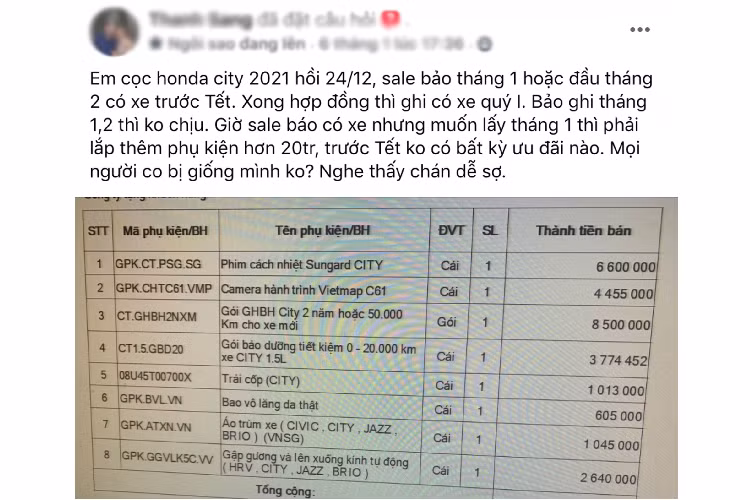 Để nhận xe sớm trong tháng 1 này, khách hàng này được sales gợi ý phải mua thêm phụ kiện đồ chơi trị giá gần 30 triệu đồng, ngoài ra đại lý cũng không hề có bất kỳ ưu đãi nào dành cho khách mua xe. Có thể nói, đây là một thiệt thòi cho vị khách mua xe này, vì tìm hiểu, khách hàng lấy xe Honda City 2021 trong thời điểm tháng 1/2021 này còn nhận được khuyến mãi phụ kiện khoảng 15 triệu đồng hay ưu đãi tiền mặt khoảng 10 triệu đồng, chính sách ưu đãi này tùy thuộc vào đại lý và vùng.