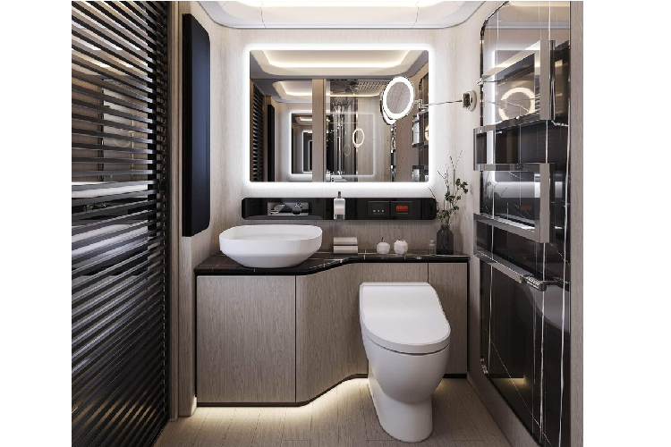 Mặt sàn được giữ nguyên trong toàn bộ xe với chiều cao nội bộ là 2,05 mét. Bắt đầu với khoang lái, nó có 4 ghế ngồi với chức năng mát xa và điều hòa không khí, đảm bảo sự thoải mái và trải nghiệm không mệt mỏi. Trong khi đó, trẻ em và khách khứa có thể nghỉ ngơi trên giường cỡ Queen 1,6 x 2m.