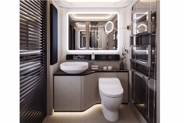 Mặt sàn được giữ nguyên trong toàn bộ xe với chiều cao nội bộ là 2,05 mét. Bắt đầu với khoang lái, nó có 4 ghế ngồi với chức năng mát xa và điều hòa không khí, đảm bảo sự thoải mái và trải nghiệm không mệt mỏi. Trong khi đó, trẻ em và khách khứa có thể nghỉ ngơi trên giường cỡ Queen 1,6 x 2m.