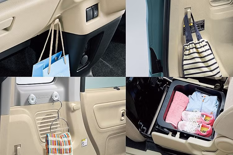 Không hổ danh là xe kei car của Nhật Bản, Mazda Flair Wagon 2022 có nội thất thực dụng với nhiều ngăn chứa đồ. Có thể kể đến bàn tích hợp 2 hộc đựng cốc phía sau lưng ghế trước và hộc chứa đồ trên cửa. Tiếp đến là ngăn chứa đồ, ngăn đựng cốc và ngăn đựng hộp giấy trên mặt táp-lô phía ghế phụ lái. Ở cả hai hàng ghế, xe đều có cổng sạc và ngăn chứa điện thoại. Đó là chưa kể đến hộc đựng găng tay, móc treo đồ và hộc chứa đồ bên dưới ghế.