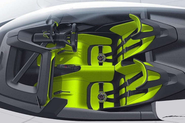 Chúng ta cũng có được cái nhìn cơ bản vào bên trong nội thất, nơi có chỗ cho 2 người ngồi trên ghế kiểu xe đua kèm dây đai an toàn tương ứng. Ngoài ra, cabin còn có hai màn hình nhỏ gắn ở hai bên thay cho gương chiếu hậu truyền thống.