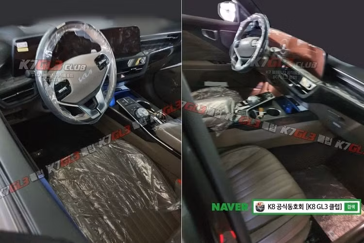 Bên trong, Kia K8 2022 sở hữu không gian nội thất sang trọng không kém gì xe Genesis của tập đoàn Hyundai. Mẫu sedan tiệm cận xe sang của Kia được trang bị màn hình cong cỡ lớn trên mặt táp-lô. Đây là sự kết hợp giữa màn hình 12,3 inch của bảng đồng hồ kỹ thuật số và màn hình thông tin giải trí.