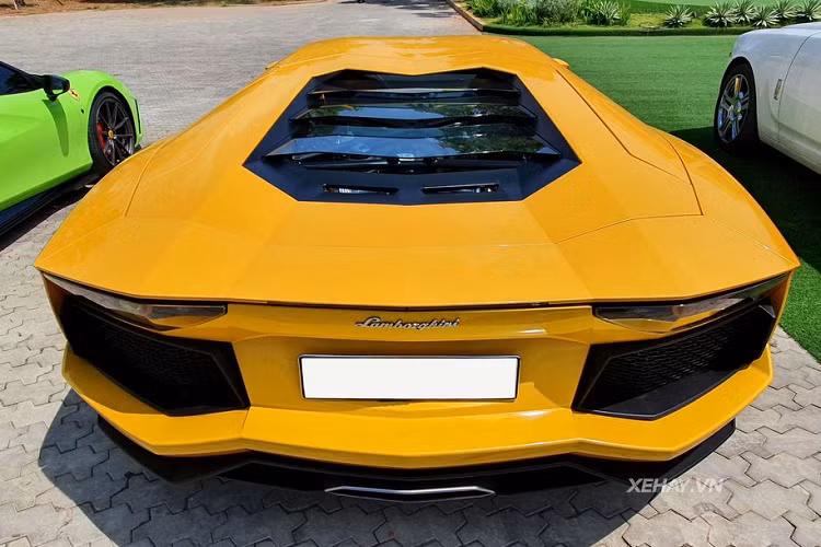 Đèn xi-nhan gồm nhiều bóng nhỏ được đặt khéo léo bên trong choá đèn trung tâm. Ngay bên dưới là hai hốc hút gió to bản, góc cạnh và cực kỳ khoẻ khoắn. Nếu nhìn phần đầu xe, Aventador sẽ cho cảm giác giống một chiếc phi thuyền không gian hơn là một chiếc ôtô bốn bánh thông thường. Trước đây, siêu phẩm Lamborghini Aventador tại Việt Nam được chủ nhân độ lên bộ ống xả hiệu Innotech Performance Exhaust. Tuy nhiên, sau đó không lâu xe đã quay trở về ử dụng bộ ống xả nguyên bản