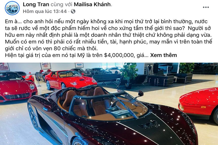 Để khẳng định thêm tính chính xác cho thông tin này thì ngay trên trang facebook cá nhân của doanh nhân Hoàng Kim Khánh, bên cạnh bài viết của anh Long Trần, vợ của doanh nhân Hoàng Kim Khánh cũng chia sẻ một bài viết với nội dung và hình ảnh tương tự. Như vậy, có thể khẳng định Koenigsegg Regera trăm tỷ chính là cái tên tiếp theo có thể gia nhập bộ sưu tập siêu xe đình đám của vị đại gia gốc Hải Dương.