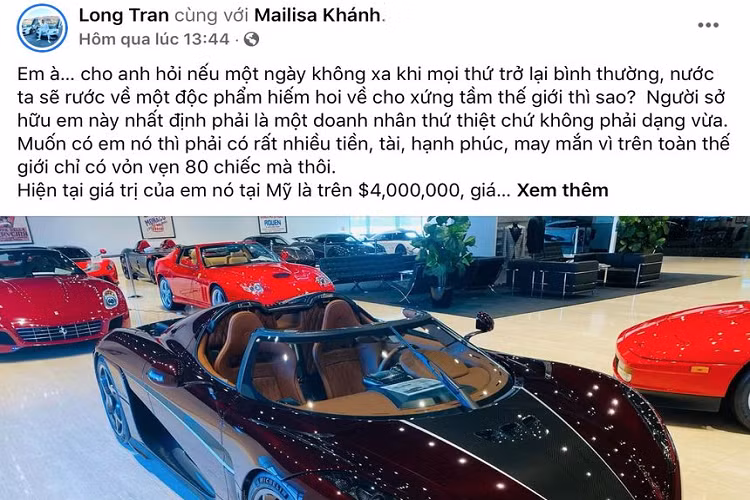 Để khẳng định thêm tính chính xác cho thông tin này thì ngay trên trang facebook cá nhân của doanh nhân Hoàng Kim Khánh, bên cạnh bài viết của anh Long Trần, vợ của doanh nhân Hoàng Kim Khánh cũng chia sẻ một bài viết với nội dung và hình ảnh tương tự. Như vậy, có thể khẳng định Koenigsegg Regera trăm tỷ chính là cái tên tiếp theo có thể gia nhập bộ sưu tập siêu xe đình đám của vị đại gia gốc Hải Dương.