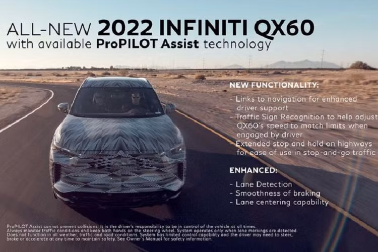 Trong khi đó, điều khiển hành trình thông minh Cruise Control trên QX60 giờ đây có thể duy trì tốc độ phù hợp dù gặp chướng ngại vật, và hệ thống nhận dạng biển báo giao thông hiện có khả năng gợi ý cho người lái tốc độ hợp lý để tránh vi phạm tốc độ.