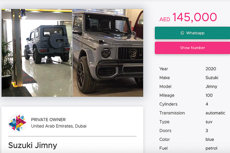 Tham khảo giá bán tại Trung Đông, Suzuki Jimny độ Mercedes-AMG G63 có giá khoảng 145.000 AED (khoảng 908 triệu đồng). Các bảng độ các cao cấp hơn như nội thất được bọc da màu cam theo phong cách Brabus 700 Widestar nội thất Hermes, thậm chí có cả bầu trời sao sẽ có giá đắt hơn, khoảng 165.000 AED (khoảng 1 tỷ đồng).