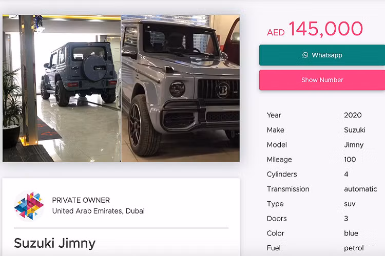 Tham khảo giá bán tại Trung Đông, Suzuki Jimny độ Mercedes-AMG G63 có giá khoảng 145.000 AED (khoảng 908 triệu đồng). Các bảng độ các cao cấp hơn như nội thất được bọc da màu cam theo phong cách Brabus 700 Widestar nội thất Hermes, thậm chí có cả bầu trời sao sẽ có giá đắt hơn, khoảng 165.000 AED (khoảng 1 tỷ đồng).