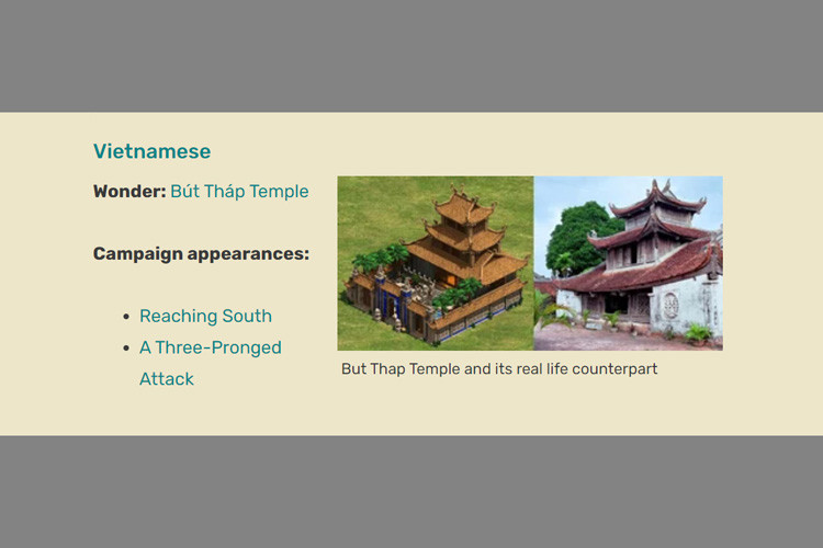 Theo trang web Age of Empires Series Wiki - cẩm nang của trò "Đế chế", tạo hình kỳ quan của người Việt trong game được dựa trên nguyên mẫu là chùa Bút Tháp.