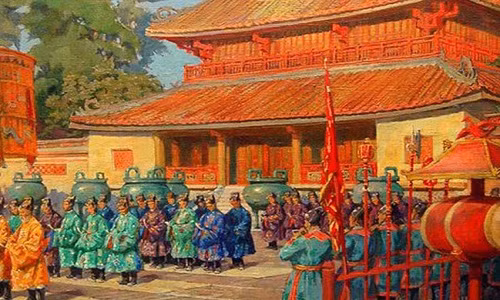 Tranh vẽ đại lễ ngày mùng 1 Tết ở Thế Miếu - Đại nội Huế năm 1923.