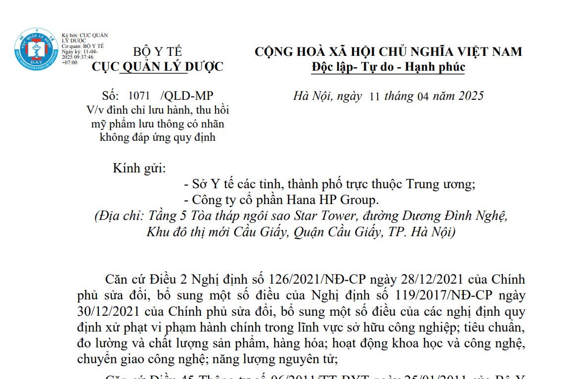 2 mỹ phẩm của Công ty Hana HP Group bị thu hồi toàn quốc 2 my pham cua Cong ty Hana HP Group bi thu hoi toan quoc