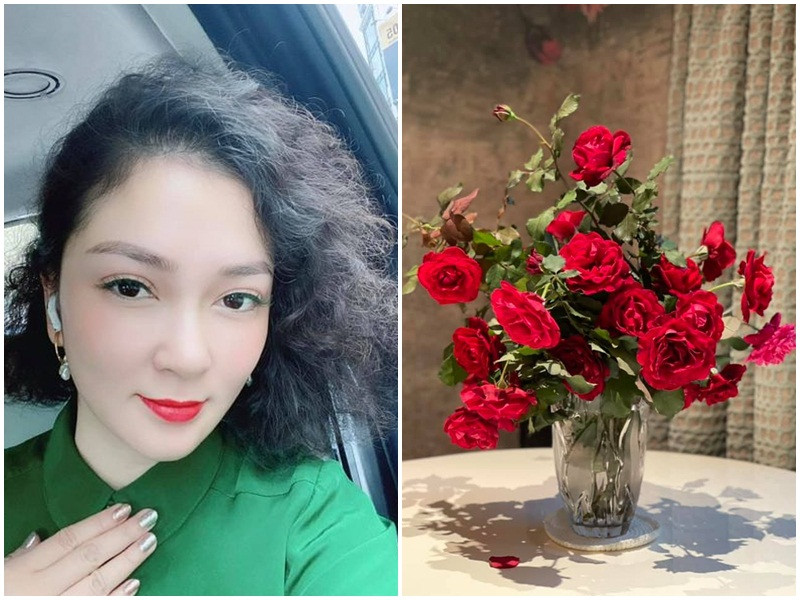 Nguyễn Thị Huyền trổ tài cắm hoa hồng được hái từ vườn nhà.