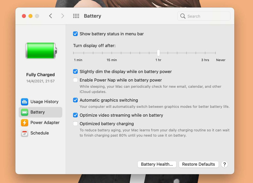 Trong tùy chọn Battery, người dùng có thể bật Automatic graphics switching để máy tự chuyển giữa card đồ họa tích hợp và card rời, hoặc bật Optimize video streaming while on battery để tối ưu chất lượng video được phát khi dùng pin. Ảnh: Chụp màn hình.