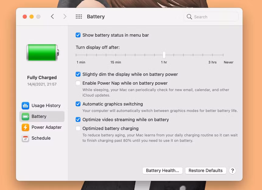 Trong tùy chọn Battery, người dùng có thể bật Automatic graphics switching để máy tự chuyển giữa card đồ họa tích hợp và card rời, hoặc bật Optimize video streaming while on battery để tối ưu chất lượng video được phát khi dùng pin. Ảnh: Chụp màn hình.