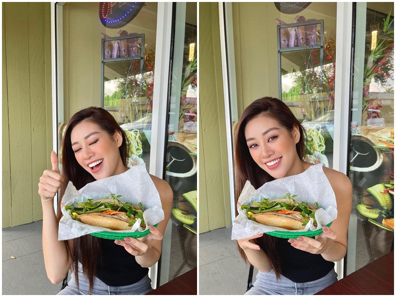 Trên trang cá nhân, Hoa hậu Khánh Vân chia sẻ hình ảnh thưởng thức bánh mì Việt Nam ở Mỹ. "Vân yêu bánh mì Việt Nam", người đẹp bày tỏ.