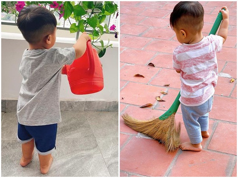 Bé Bo rất thích quét nhà, tưới cây.
