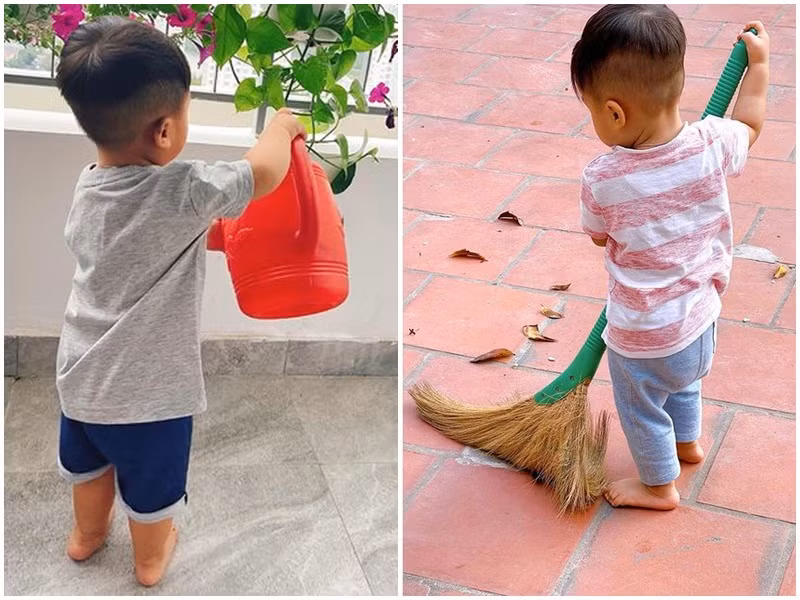 Bé Bo rất thích quét nhà, tưới cây.