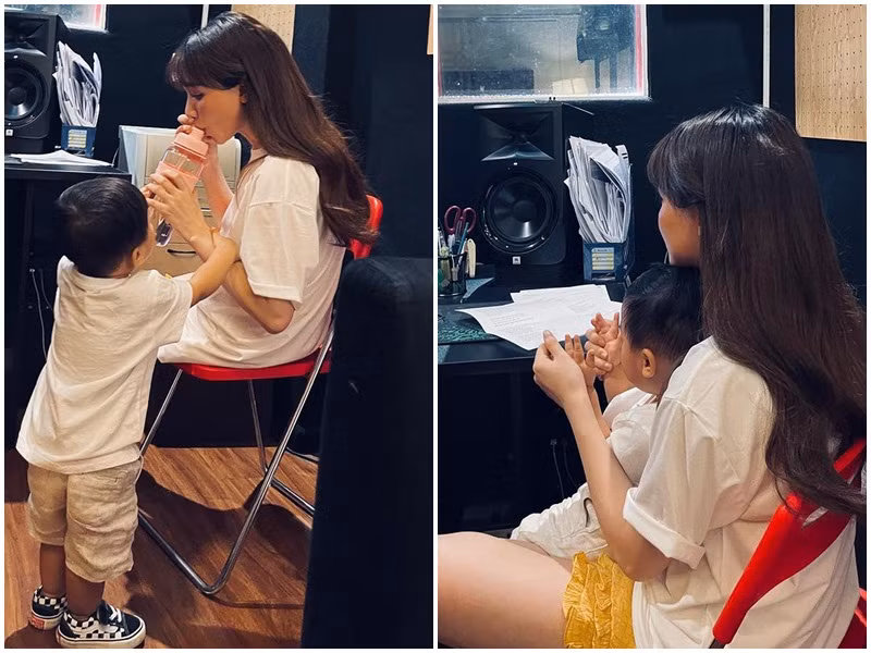 Từ khi 3 tháng tuổi, bé Bo đã theo mẹ đi làm. "Cũng may công việc của mẹ không gò bó và mẹ có toàn quyền quyết định về lịch trình cũng như đôi khi là không gian, nên từ gần 3 tháng em đã theo mẹ đi khắp nơi để mẹ sẵn vạch ra cho em ti mọi chỗ. Trộm vía em cứng cáp nếu không thì theo mẹ người lớn còn mệt mỏi ốm đau. Cám ơn Bo đã hợp tác đồng hành cùng mẹ nha, thương con nhiều lắm", Hòa Minzy tâm sự.