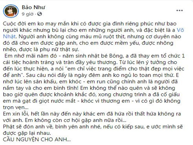 Bảo Như gửi lời xin lỗi đến NTK Nhật Dũng vì không thể ở bên anh trong những ngày tháng cuối đời. Sinh thời, nam thiết kế hết mực quan tâm đến Bảo Như và con gái của cô.
