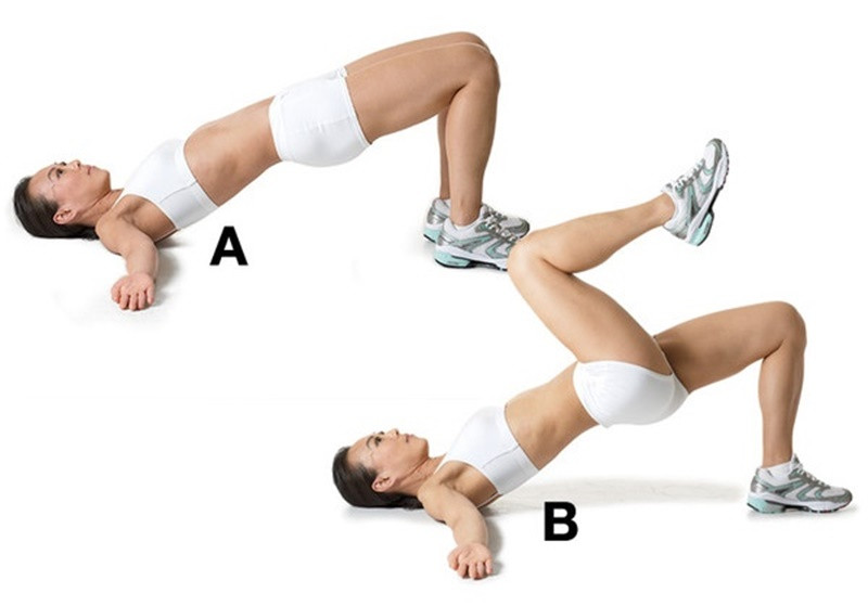 Động tác 3 (cơ bản): Kéo cầu: Nằm co chân, hai bàn chân đặt trên mặt sàn, hai cánh tay duỗi thẳng sang hai bên, hai bàn tay ngửa lên. Nâng hông lên sao cho vai, bụng và đầu gối tạo thành một đường thẳng (A). Siết cơ bụng, nhấc đầu gối bên phải về sát ngực (B). Đếm 2 nhịp rồi hạ chân phải xuống. Tương tự với chân bên kia, lặp lại toàn bộ động tác khoảng từ 10 đến 30 lần.