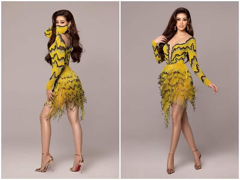 Bộ trang phục lấy cảm hứng từ ruộng bậc thang giúp đại diện Việt Nam khoe hình thể gợi cảm.