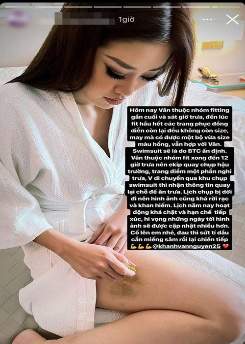 Fan của Hoa hậu Khánh Vân đang lo lắng vì người đẹp bị tụ máu bầm ở đùi. Vết thương ảnh hưởng đến việc chụp hình, quay clip giới thiệu của đại diện Việt Nam ở cuộc thi Miss Universe 2020 - Hoa hậu Hoàn vũ Thế giới 2020.