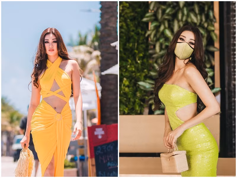 Khánh Vân còn chọn trang phục tông màu neon. Theo nhiều nguồn tin, các thí sinh sẽ đồng diễn trong trang phục tông màu này trong chung kết.