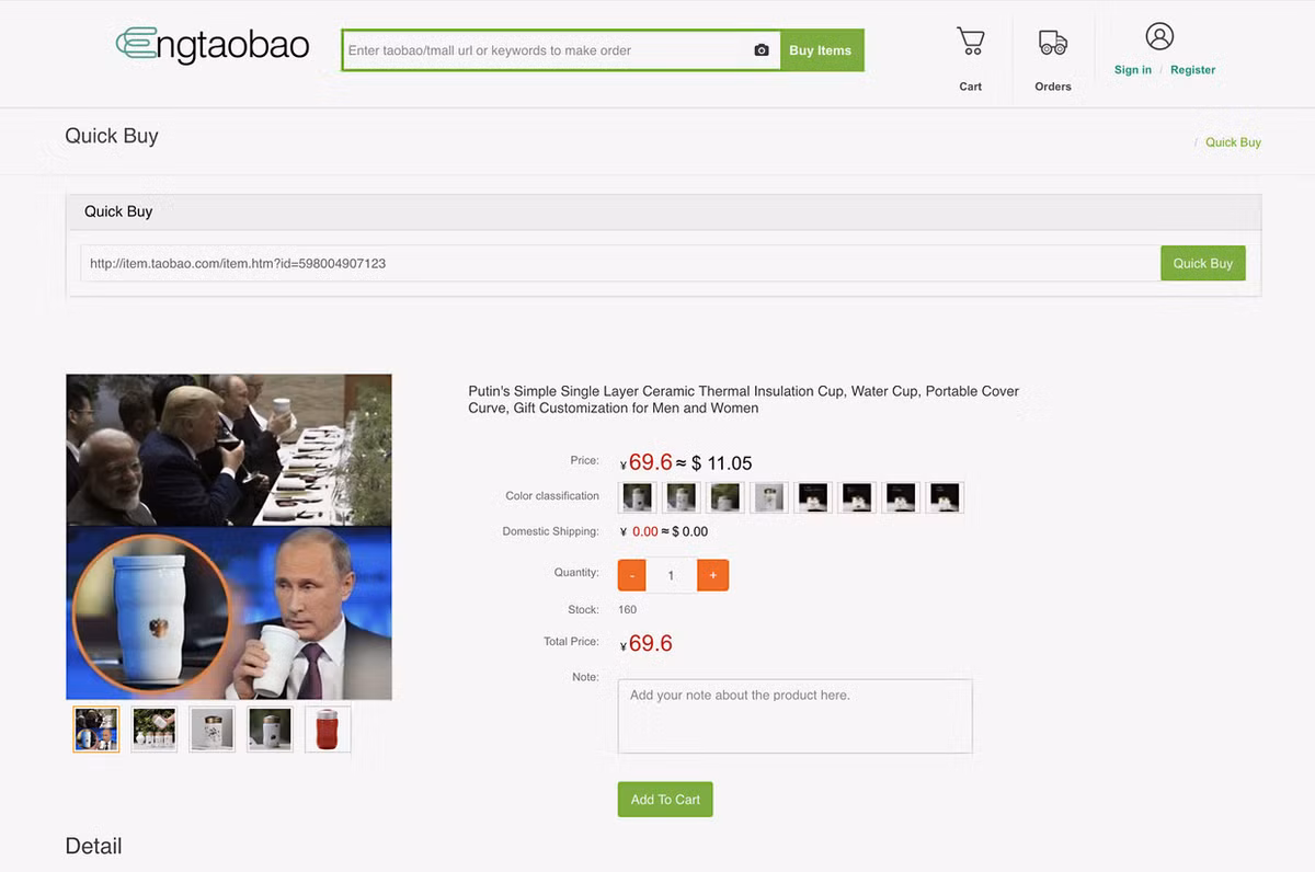 Theo đó loại cốc này được bán rất chạy tại Trung Quốc. Tại sàn giao dịch trực tuyến Taobao lớn nhất nước này, chiếc cốc của ông Putin đã phá vỡ kỷ lục về doanh số bán hàng chỉ trong một khoàng thời gian ngắn. Hiện tại giá của chiếc cốc này đang được bán với giá 50-200 nhân dân tệ, tức là từ 400-1800 rúp. Ảnh: Sputnik.