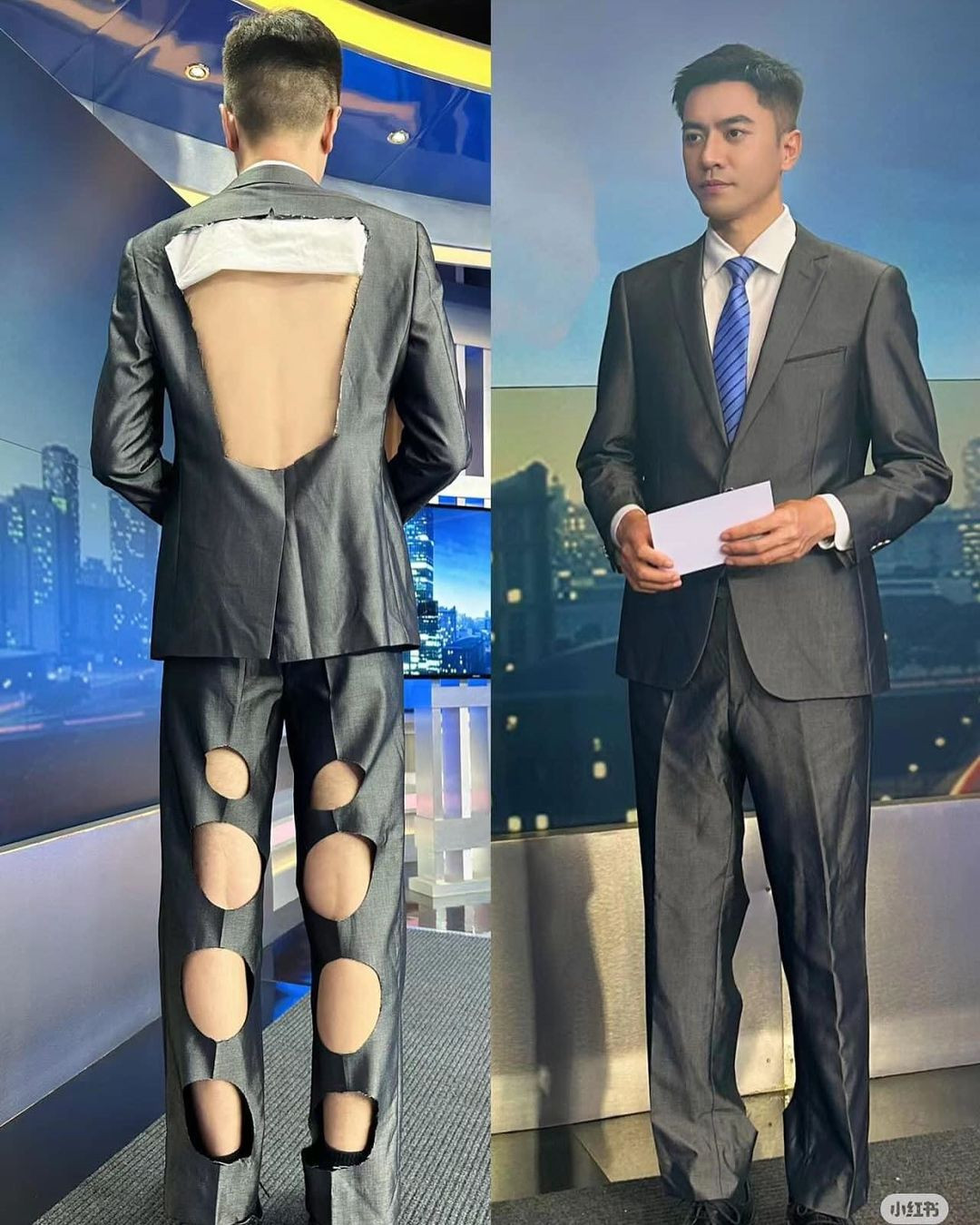 Một tài khoản mạng xã hội đã đăng tải loạt ảnh với tiêu đề "góc khuất biên tập viên truyền hình", theo đó người dẫn chương trình nam chỉ nghiêm túc, điển trai khi nhìn từ đằng trước, còn đằng sau thì bộ đồ được cắt hở để tạo sự thoáng mát.