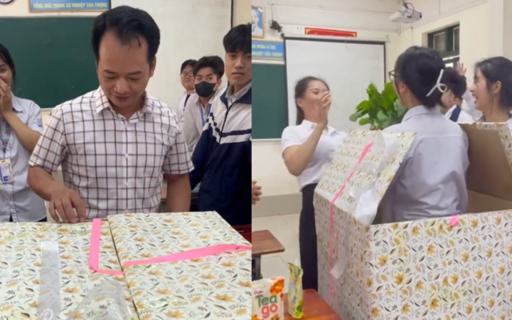 Thay vì tặng những bó hoa tươi như truyền thống, các học sinh lớp 12A15, Trường THPT Ngô Gia Tự (huyện Lập Thạch, tỉnh Vĩnh Phúc) tặng thầy cô những "bó hoa" được kết bằng rau xanh. Không chỉ vậy, cách thức tặng quà cũng khiến thầy cô vô cùng bất ngờ. Đây sẽ trở thành kỉ niệm khó quên không chỉ của thầy cô được nhận quà mà còn là kỉ niệm đẹp thời học trò của các em học sinh.