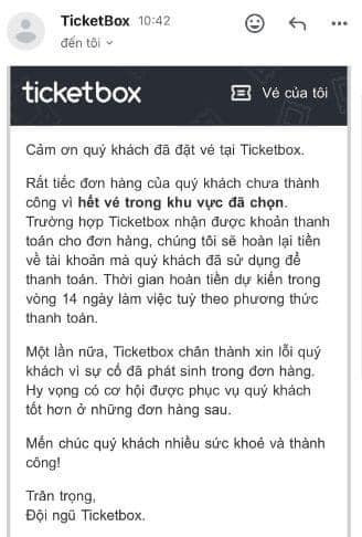 Một số khán giả đã mua được vé nhưng hệ thống thông báo thanh toán không thành công do khu vực đó đã bán hết và sẽ được hoàn tiền trong 14 ngày làm việc.