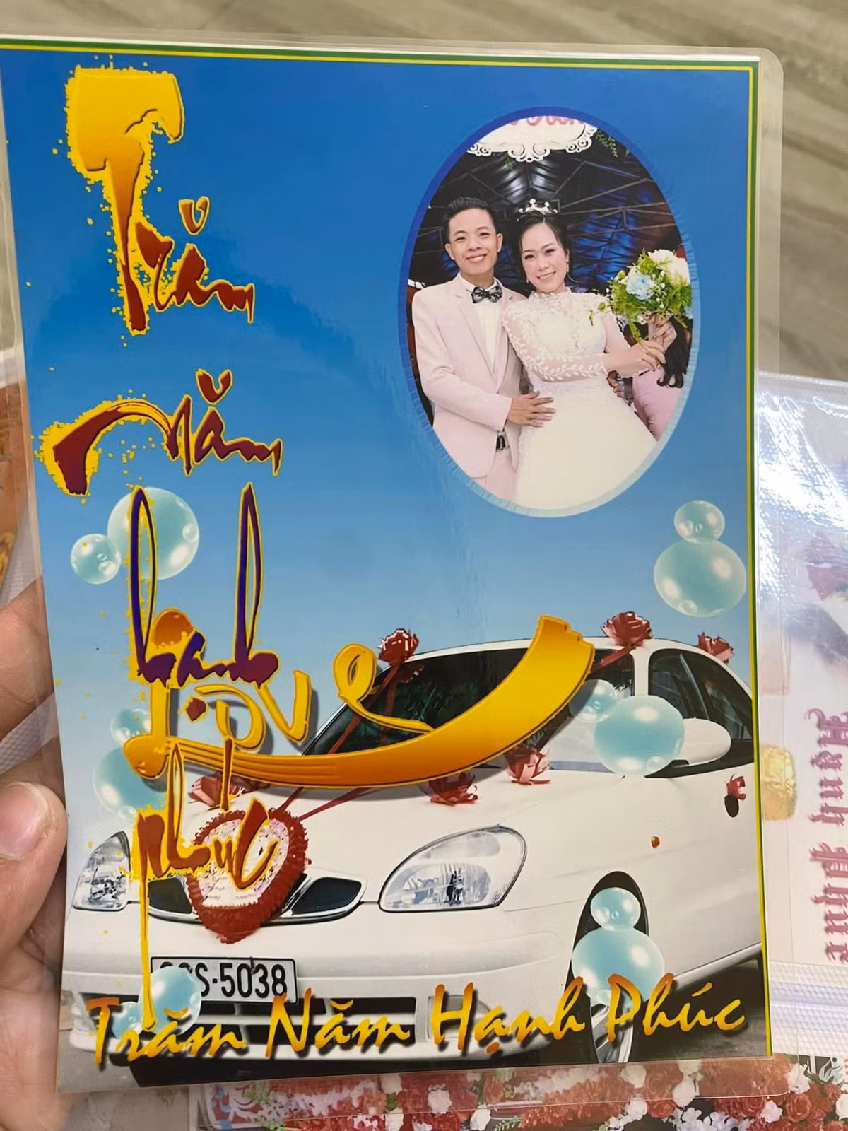 Loạt ảnh được lồng vào những khung hình khác nhau theo phong cách chụp ảnh cưới những năm 2000, kèm theo đó là những dòng chữ sử dụng các font chữ "rồng bay phượng múa".