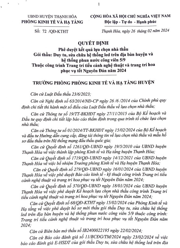 Ít cạnh tranh, Kiến Quốc LA trúng gói thầu của phòng KT&HT Thạnh Hóa It canh tranh, Kien Quoc LA trung goi thau cua phong KT&HT Thanh Hoa