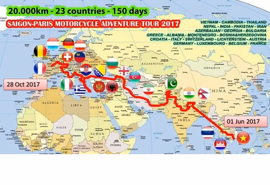 Và sáng 28/10 vừa qua, 8X Tiền Giang đã cán đích Thủ đô Paris xinh đẹp của nước Pháp sau 5 tháng rong ruổi bằng xe máy. 23 quốc gia lớn nhỏ mà Đăng Khoa đã đặt chân tới trong chuyến phượt xe máy Sài Gòn - Paris gồm: Việt Nam - Campuchia - Thái Lan - Nepal - Ấn Độ - Pakistan - Iran - Azerbaijan - Georgia - Bulgaria - Hy Lạp - Albania - Montenegro - Bosnia&amp;Herzegovina - Croatia - Ý - Thụy Sỹ - Lichtenstein - Áo - Đức - Luxembourg - Bỉ - Pháp.
