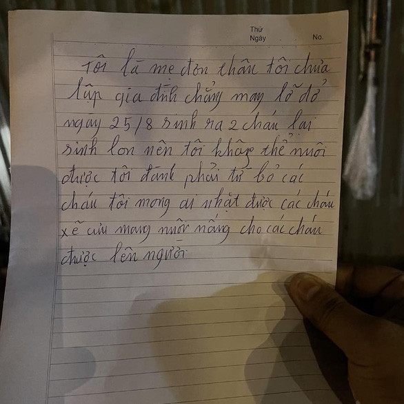 Phường Trần Phú thông tin thêm, tại nơi phát hiện ra hai cháu bé có một tờ giấy ghi: "Tôi là mẹ đơn thân, tôi chưa lập gia đình. Chẳng may lỡ dở, ngày 25-8 sinh ra hai cháu, lại sinh non nên tôi không thể nuôi được. Tôi đành từ bỏ các cháu. Mong ai nhặt được các cháu sẽ cưu mang nuôi nấng các cháu nên người". Trong lúc chờ xác minh mẹ và tìm người thân các bé, phường đã giao hai bé cho một gia đình tạm thời nuôi dưỡng, chăm sóc.