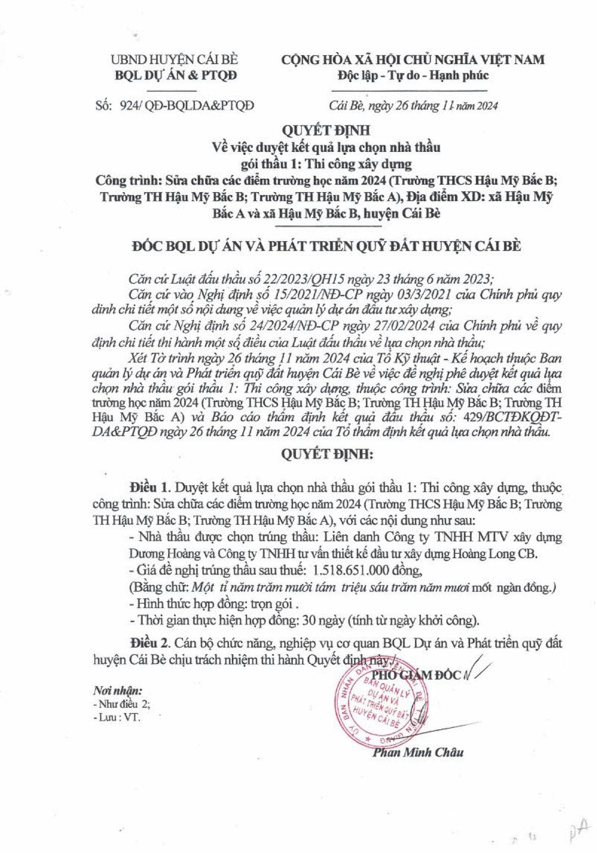 Tien Giang: Lien danh 2 nha thau trung goi sua chua cac diem truong tai Cai Be