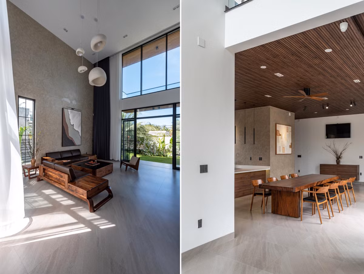 Nắng, gió vào nhà thông qua các mảng kính lớn kết nối ra sân vườn xung quanh từ tất cả các không gian sinh hoạt.