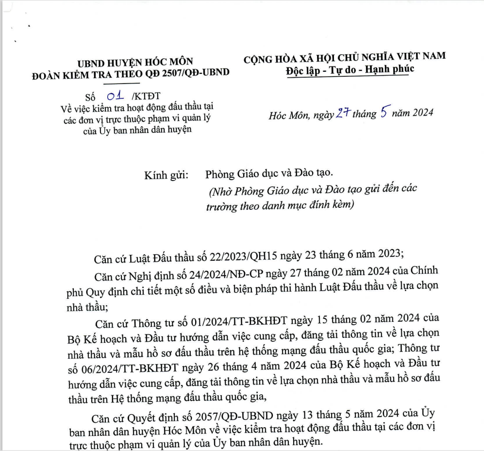 TP. HCM: Thành lập đoàn kiểm tra hoạt động đấu thầu tại Hóc Môn TP. HCM: Thanh lap doan kiem tra hoat dong dau thau tai Hoc Mon